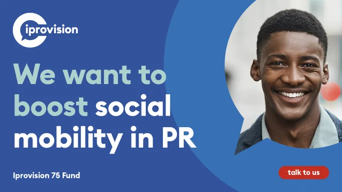Iprovision logo. Blue background. Text reads We want to boost social mobility in PR. Image of a man smiling. Small text reads Iprovision 75 Fund and talk to us. 