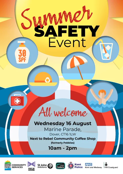 Come and join us for our Summer Safety Event on Dover seafront this Wednesday (16 August) from 10am to 2pm with advice and informaiton on staying safe in the sun and on the water this summer