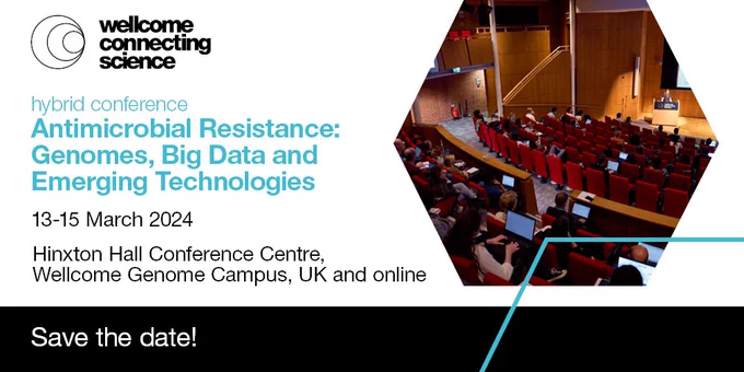 Wellcome Connecting Science logo (top left)
Delegates seated in the Hinxton Hall Conference Centre Auditorium, facing a speaker on the stage. Some of the delegates have laptops open and are typing notes from the lecture. 

Text reads: Antimicrobial Resistance: Genome, Big Data and Emerging Technologies (hybrid conference)
Conference dates: 13-15 March 2024 
Location: Hinxton Hall Conference Centre, Wellcome Genome Campus, UK and online. 
Save the date! 