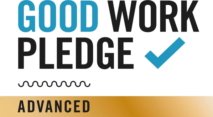 The North of Tyne Combined Authority's Advanced Good Work Pledge logo, featuring blue and black lettering, with a gold band at the bottom