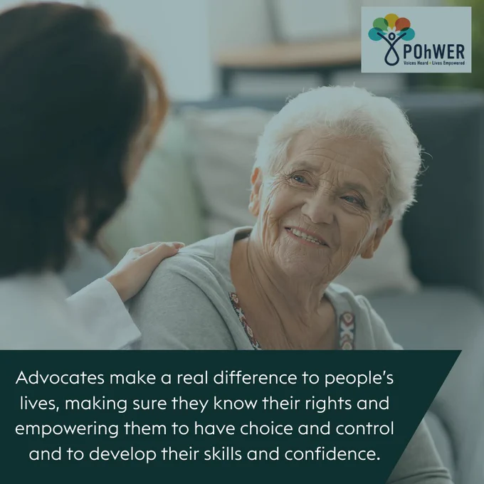 Elderly lady smiling. Text reading 'Advocates make a real difference to people’s lives, making sure they know their rights and empowering them to have choice and control and to develop their skills and confidence.'