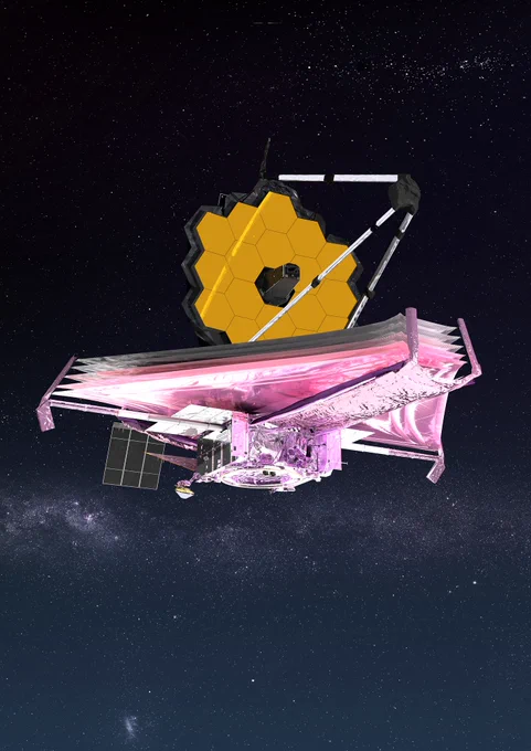 The Webb telescope is depicted by an artist as it might look in space. Webb has a kite-shaped sunshield and a large golden mirror made of hexagons. Three long struts that make a tripod, meet out in front of the mirror, where they support a smaller circular secondary mirror. A black nose cone is in the center of the mirror. This is where light enters the instruments, which sit behind the mirror. The mirror and top of the sunshield are shown in darkness, which is how they are in space. The mirror reflects part of the secondary mirror tripod. Behind Webb is the Milky Way galaxy. Bands of stars run from left to right behind it, with the brightest stars to the left. Below Webb, left of center is a galaxy. Above Webb to the right are more stars.