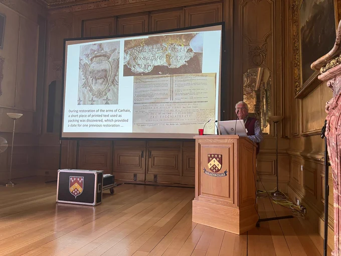 Michael Jones presenting on a surviving medieval Breton heraldic tabard.