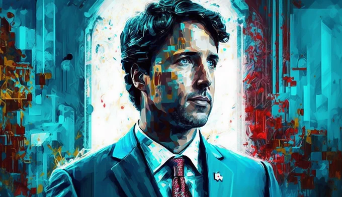 An AI-generated image using Midjourney. Prompt used: an abstract painting symbolizing artificial intelligence being elected Prime Minister of Canada –aspect 16:9