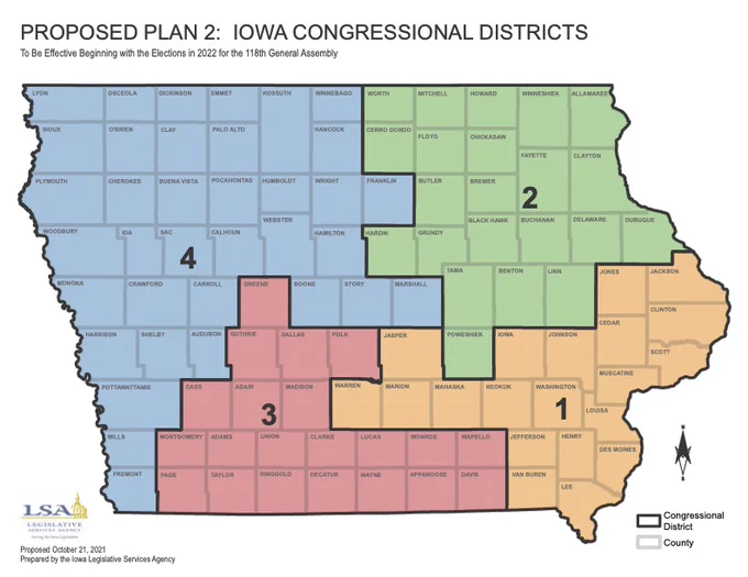 Map showing Iowa's four Congressional districts