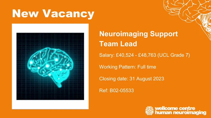 Title stating New Vacancy. Job advertisement for Neuroimaging Support Team Lead. Working Pattern Full time. Salary £40,524 - £48,763 (UCL Grade 7). Closing date 31 August 2023. Ref B02-05533.