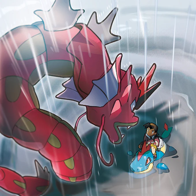 The Red Gyarados looms over Ethan and his Croconaw