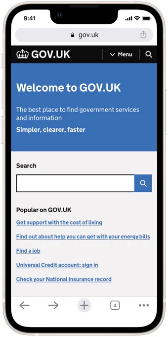 Screenshot of the mobile version of the GOV.UK homepage where the search field is above the ‘Popular on GOV.UK’ section.
