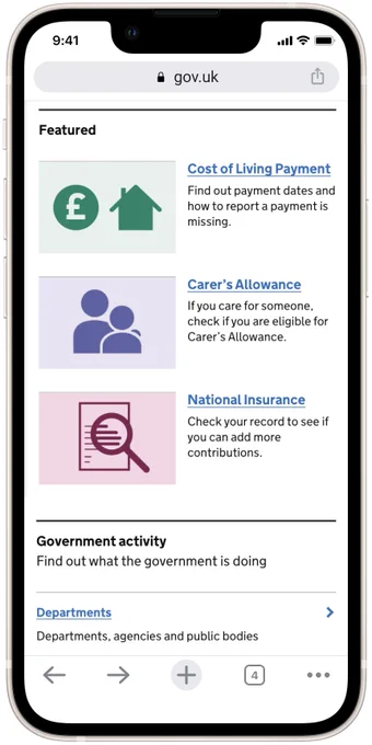 Screenshot of the mobile version of the GOV.UK homepage where the ‘Featured’ section is above the ‘Government activity’ section.