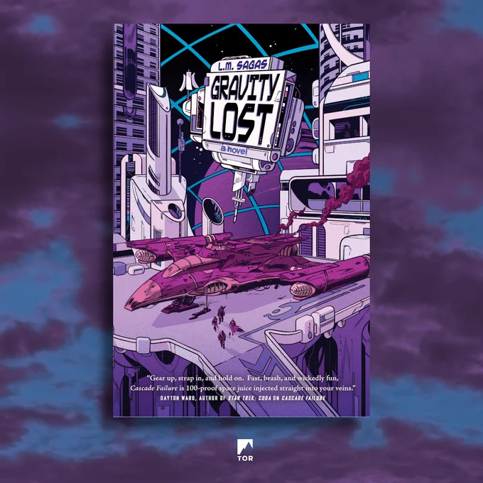 cover of book on a blue and purple cloud background. book cover includes the title GRAVITY LOST on a floating drone above a visibly damaged ship, the ambit, with the four silhouettes of the crew members walking away from the ship.