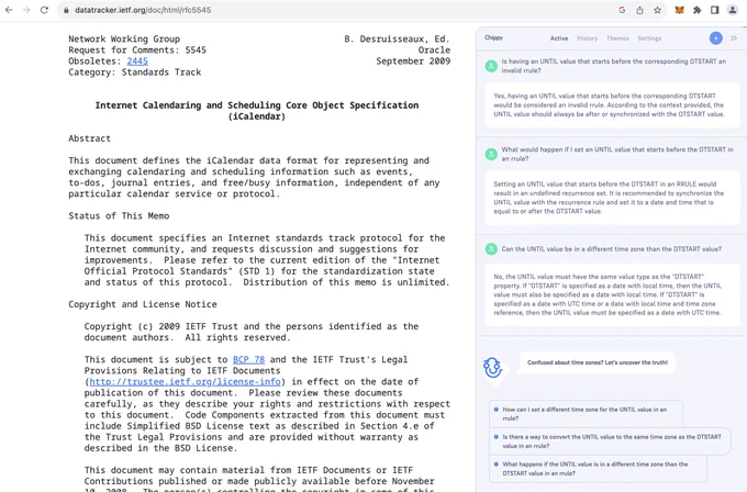 browsing the IETF RFC 5545 regarding iCalendar data formats, with the Chippy AI browser extension open in the sidebar. Several questions are posed to the AI about the contents of the RFC, notably regarding the interplay between the UNTIL and DTSTART parameters with timezones. The AI provides summarized responses that answer the questions posed in a clear and straightforward manner, and even suggests some intuitive follow up questions.
