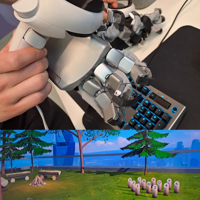 VR-hanskat yläkuvassa ja virtuaalimölkkypeli kuvan alaosassa 