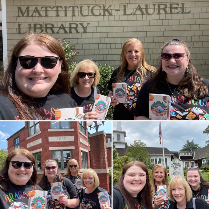 Three photos of woman holding up booklets in front of different libraries