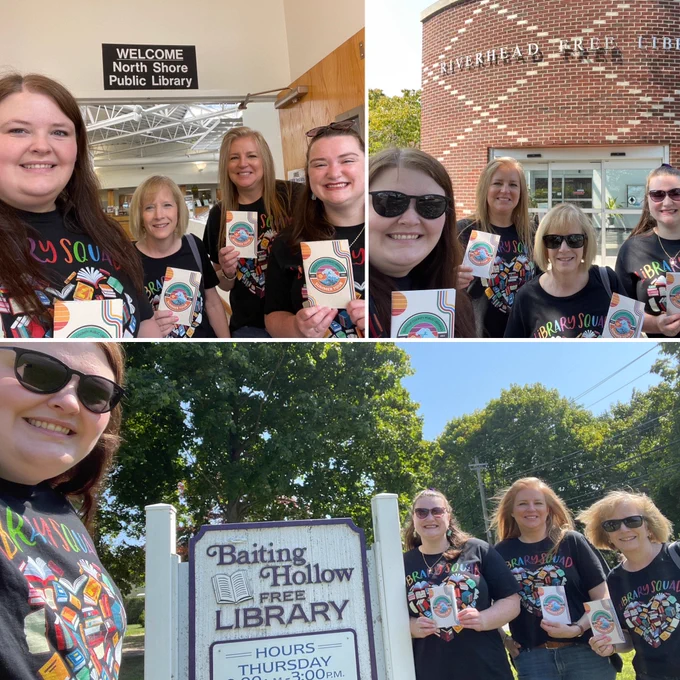 Three photos of woman holding up booklets in front of different libraries