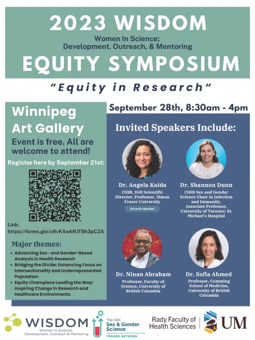 Green, white, and blue poster reading: 2023 WISDOM Equity Symposium: Equity in Research. September 28th, 8:30am-4pm.
Winnipeg Art Gallery. Event is free. All are welcome to attend. Register by September 21st.
Major themes: Advancing Sex- and Gender-Based Analysis in Health Research; Bridging the Divide: Enhancing Focus on Intersectionality and Underrepresented Populations; Equity Champions Leading the Way: Inspiring Change in Research and Healthcare Environments.

Invited speakers include Dr. Angela Kaida, Dr. Shannon Dunn, Dr. Ninan Abraham, Dr. Sofia Ahmed.