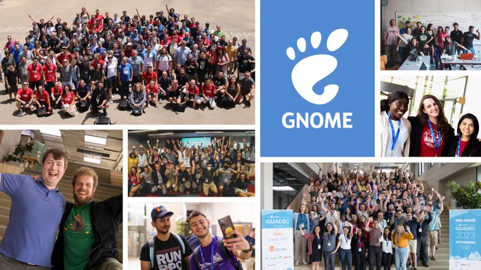 photo collage of GNOME community members and GNOME logo