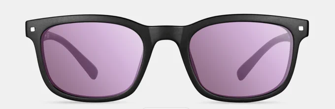 Specially-enhanced eyewear for indoor use. Black frames with light, blueish/reddish lenses for aiding in color accessibility.