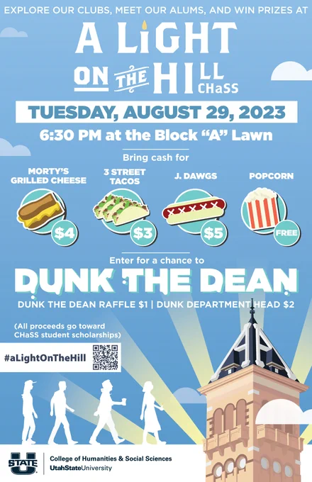 [Poster on blue sky including USU A tower and cartoon version of food options: grilled cheese, tacos, hot dogs, and popcorn.] https://chass.usu.edu/events/a-light-on-the-hill/articles/loth-2023