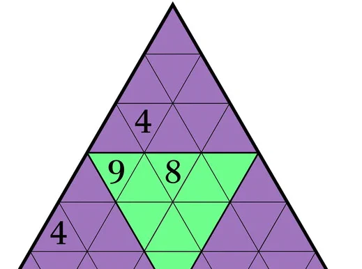 Part of the sudoku-invariant puzzle featured in the April issue of Math Horizons. The puzzle contains an equilateral triangular grid of equilateral triangles. Certain numbers are placed in various locations. Click the link for the real puzzle along with the rules for filling in the cells.