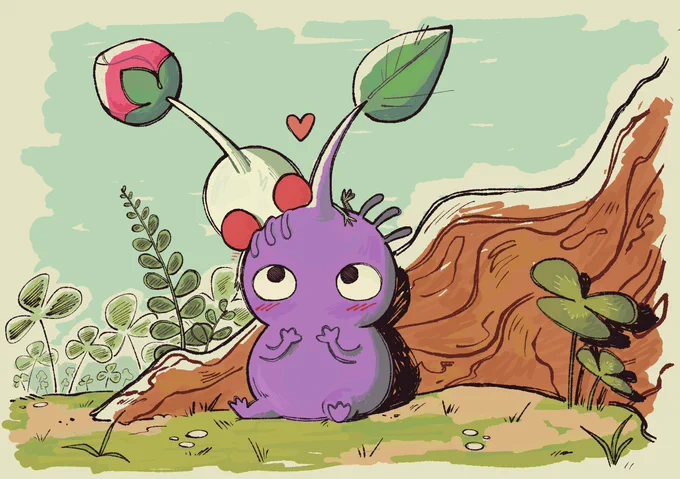 Drawing of a white Pikmin and Purple pikmin from Pikmin. Purple pikmin is sitting , resting its back on a tree root, with clovers visible on the background. The white Pikmin is laying on the purple pikmins head in a sort of embrace, both of them looking at eachother with a heart on too of their heads