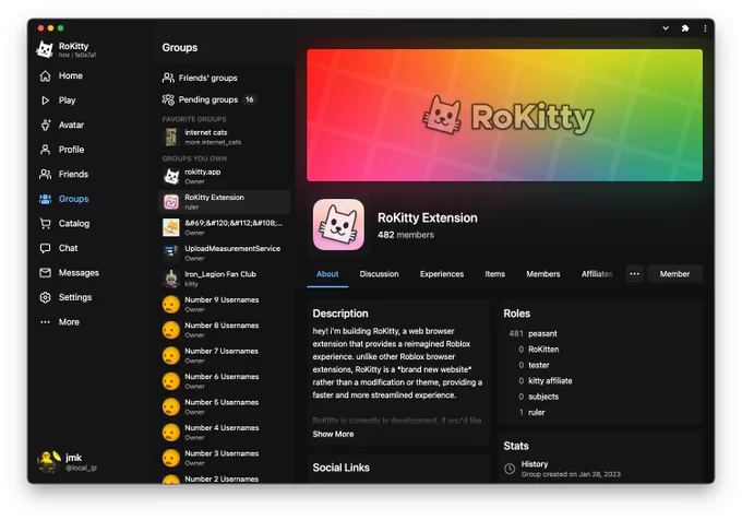 RoKitty UI in dark mode