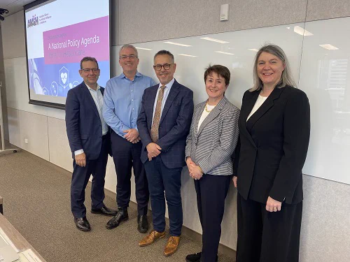 Professor Enrico Coiera (Macquarie University), Dr David Hansen (CSIRO), Dr Norman Swan AM, Ms Annette Schmiede (DHCRC) and Professor Karin Verspoor (RMIT University)