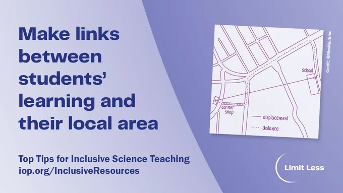 Image card: Text reads "Make links between students' learning and their local area. Top Tips for inclusive science teaching, iop.org/InclusiveResources."
