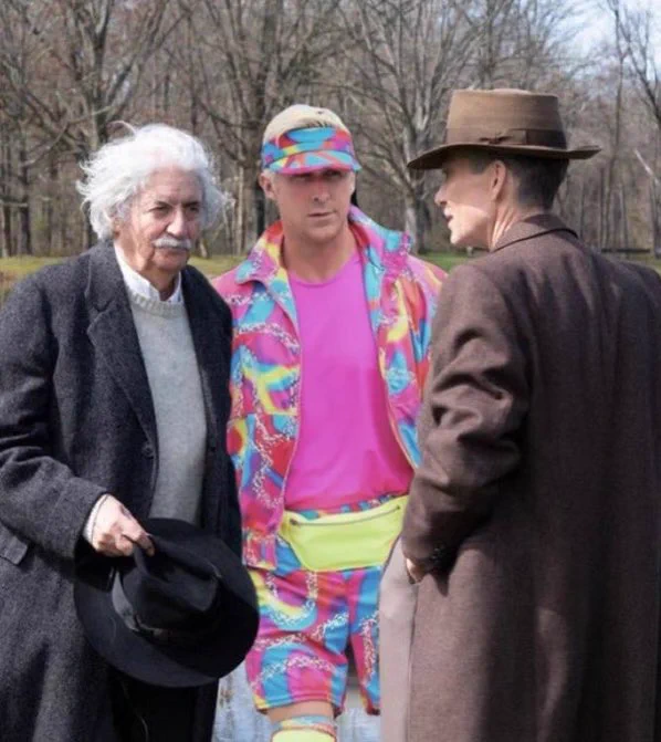 A meme. Einstein on left, "Ken" from Barbie movies in the middle, Oppenheimer on right.