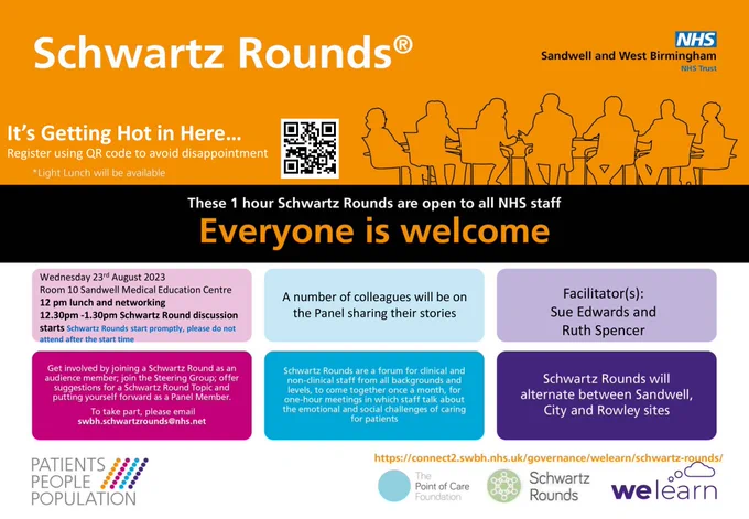 Wednesday 23rd August 2023
Sandwell Hospital, Medical Education Centre, Room 10
Lunch provided at 12pm 
12:30- 1:30pm Discussion 
Use QR code to register! @SWBHnhs @SWBH_RandD @SWBQuality 