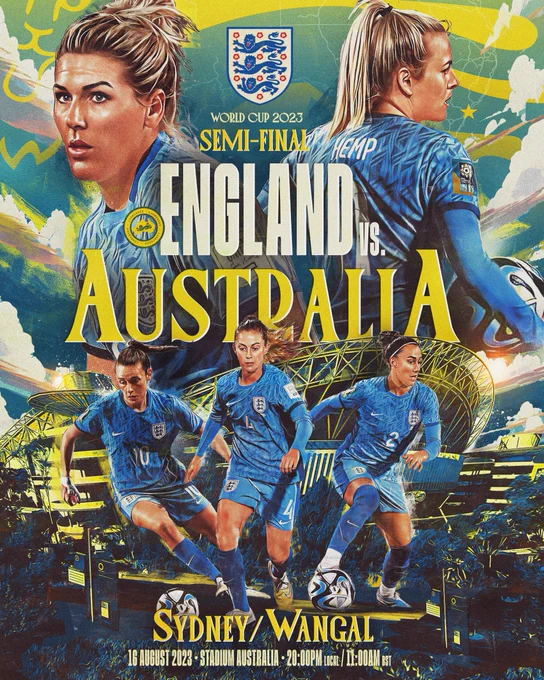 Matchday graphic for England's semi-final with Australia with Millie Bright, Lauren Hemp, Ella Toone, Keira Walsh and Lucy Bronze in their away kit. Kick off 11am BST in Sydney / Wangal. 