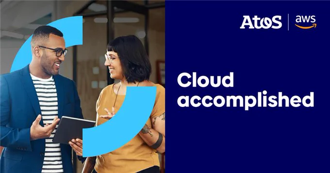 Social media banner with title "Cloud accomplished". A man holding a tablet and a woman talking. 