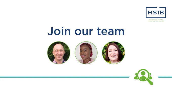 A job recruitment banner with a white background and the words join our team in navy blue text in the middle of the banner. Underneath join our team is 3 circules with photos of members of HSIB staff. There are two females and one male. The bottom of the banner has a turquoise line and at the bottom right there is a green graphic with three head and shoulders next to each other with the middle one amplified by a magnifying glass. The HSIB is at the top right of the banner. 