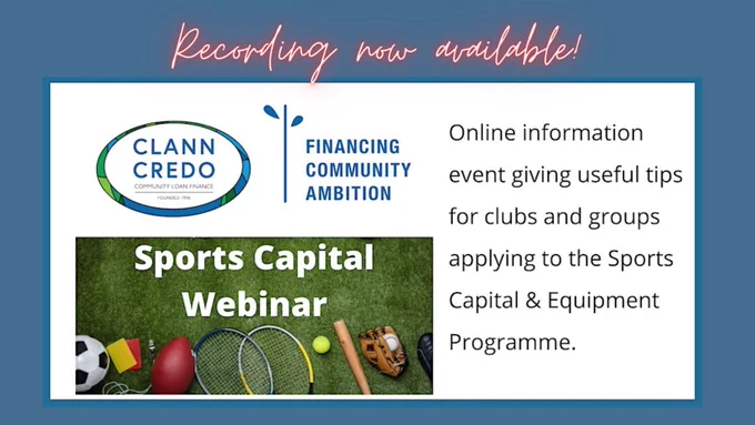 Photo of sports equipment and text informing that link to recording of recent webinar on applying for Sports Capital grants available.