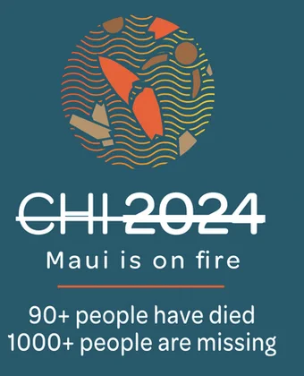 CHI 2024 "surfing the world" logo reimagined in light of the Maui fires.