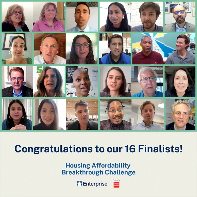 A collage of screenshots of all 16 finalists in their Zoom pitches looking excited and uplifted. Below reads text that says “Congratulations to all 16 finalists!” with the Housing Breakthrough Challenge logo below.