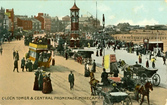 Old image of Morecambe showing pier, clock tower and tram