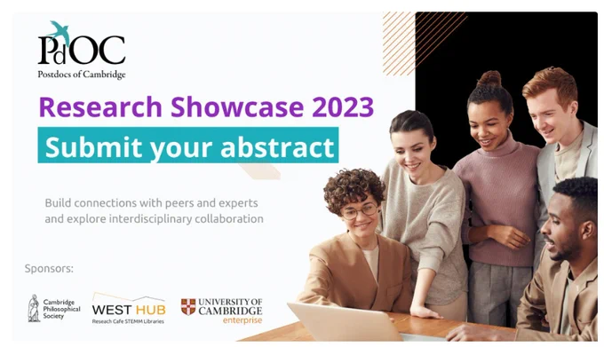 Showcase poster featuring smiling PostDocs building connections next to an invite to 'Submit your abstract'.