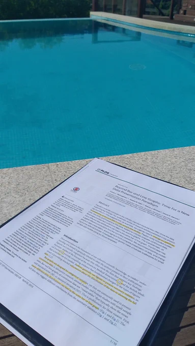 Printed scientific article, laying next to a swimming pool in a hot summer day