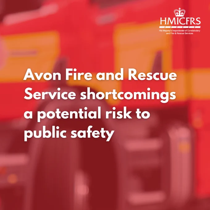 Blurred fire engine in background with text overlay reading: Avon Fire and Rescue Service shortcomings a potential risk to public safety.