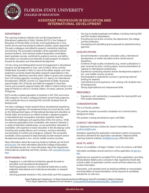 Job posting for Assistant Professor in Education and International Development at Florida State University's College of Education.  