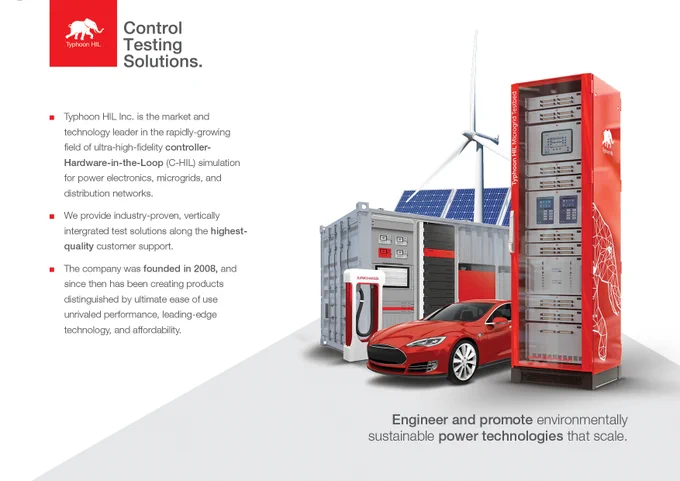 Page one is dominated by an image that represents application verticals for C-HIL solutions, including electring vehicles and charging, renewables, like wind and solar, and battery storage management solutions. The included text covers a short company bio and company mission statement to engineer and promote environmentally sustainable power technologies that scale.