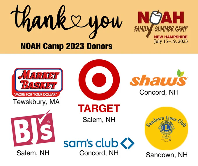 White background with yellow section at top. Thank you written in script text next to NOAH Family Summer Camp logo. Logos below: Market Basket - Tewskbury, MA; Target - Salem, NH; Shaws - Concord, NH; BJ's - Salem, NH; Sam's Club - Concord, NH; Sandown Lions Club - Sandown, NH. Text at top reads: Thank You NOAH Camp 2023 Donors