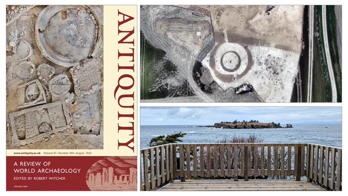 Antiquity cover, aerial photo of excavation, photo of island in Washington