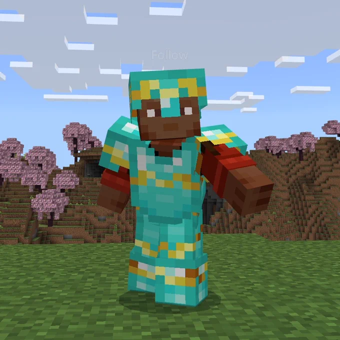 Noor wearing diamond armor trimmed with gold using the Wayfinder armor trim