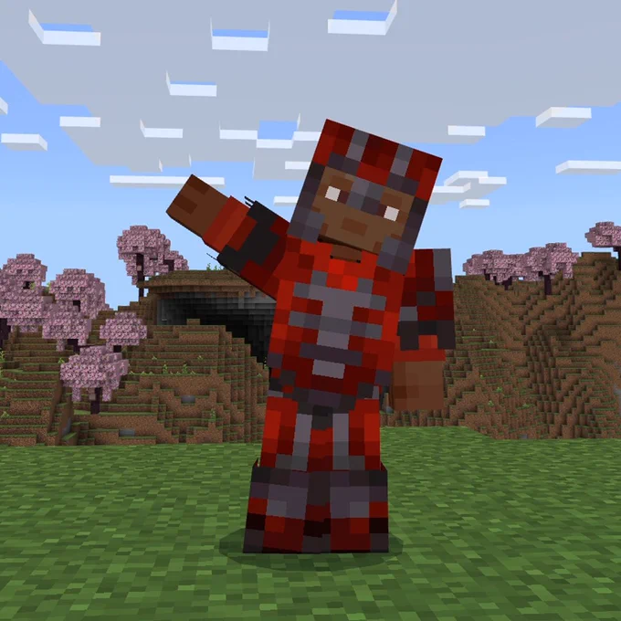 Noor wearing netherite armor trimmed with redstone using the Silence armor trim