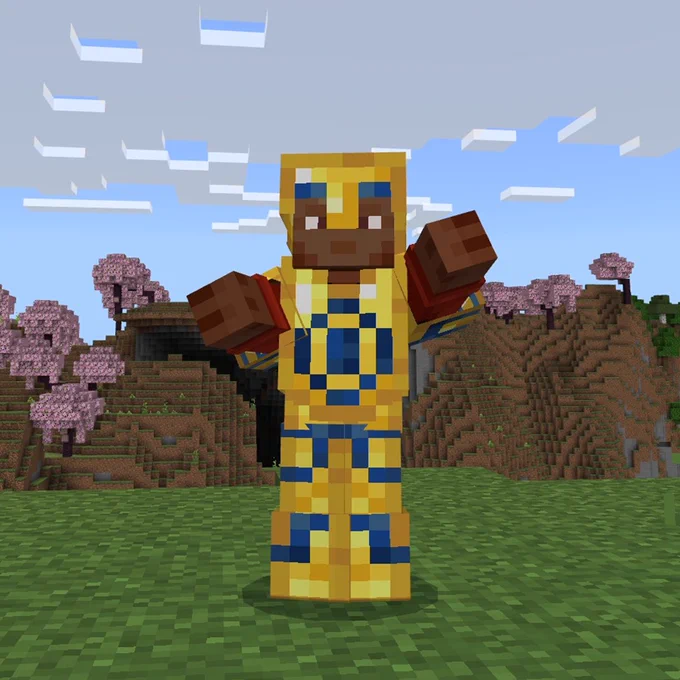 Noor wearing gold armor trimmed with lapis lazuli using the Eye armor trim