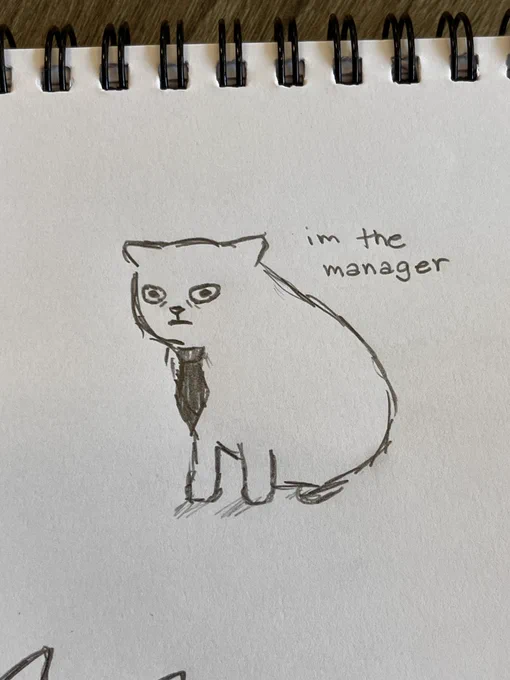a doodle of a cat wearing a tie, “i’m the manager” is written on the right