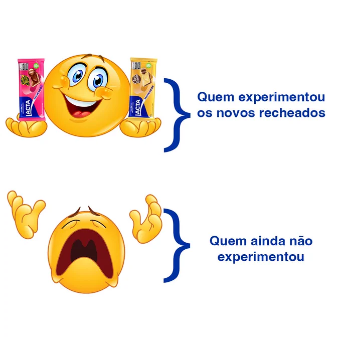 A imagem é dividida em duas etapas: na primeira temos um emoji sorrindo e segurando os novos tabletes de Sonho de Valsa e Ouro branco, um em cada mão, e ao lado uma setinha para a frase "Quem experimentou os novos recheados". Na segunda etapa temos o emoji desolado com as mãos pra cima e ao lado a setinha com a frase "Quem ainda não experimentou". 