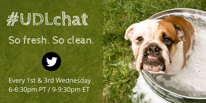#UDLchat: So fresh. So clean. Every first and third Wednesday, Every 1st & 3rd Wednesday, 6-6:30pm PT / 9-9:30pm ET. Photo of a bulldog in a soapy bucket of water in the grass.