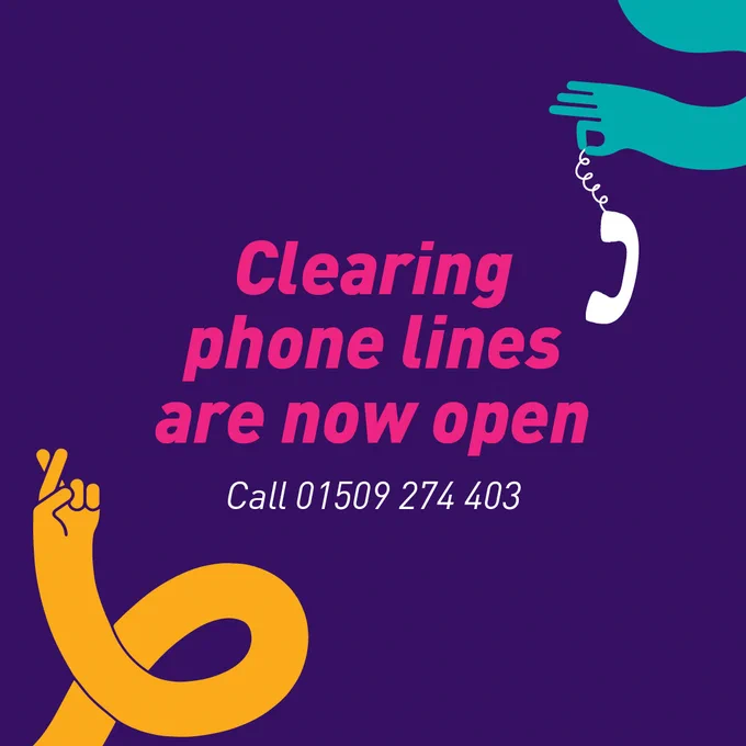 Graphic with purple background and illustrations of yellow and green cartoon arms. Text says 'Clearing phone lines are now open. Call 01509 274 403'